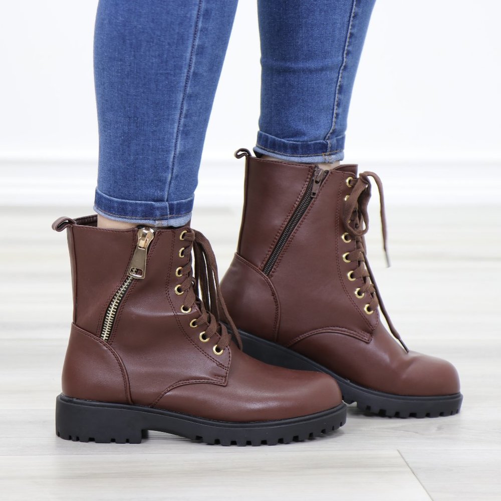 Faux leather brown laced up combat boots - Picture 2 of 11